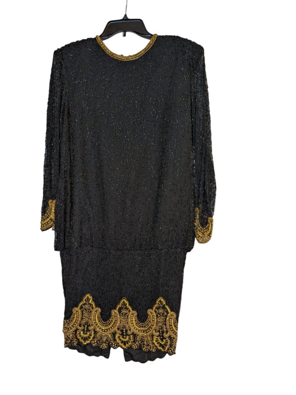 Brillante Black Silk Beaded Dress With Gold Embellishments Vintage 80s Style Sma